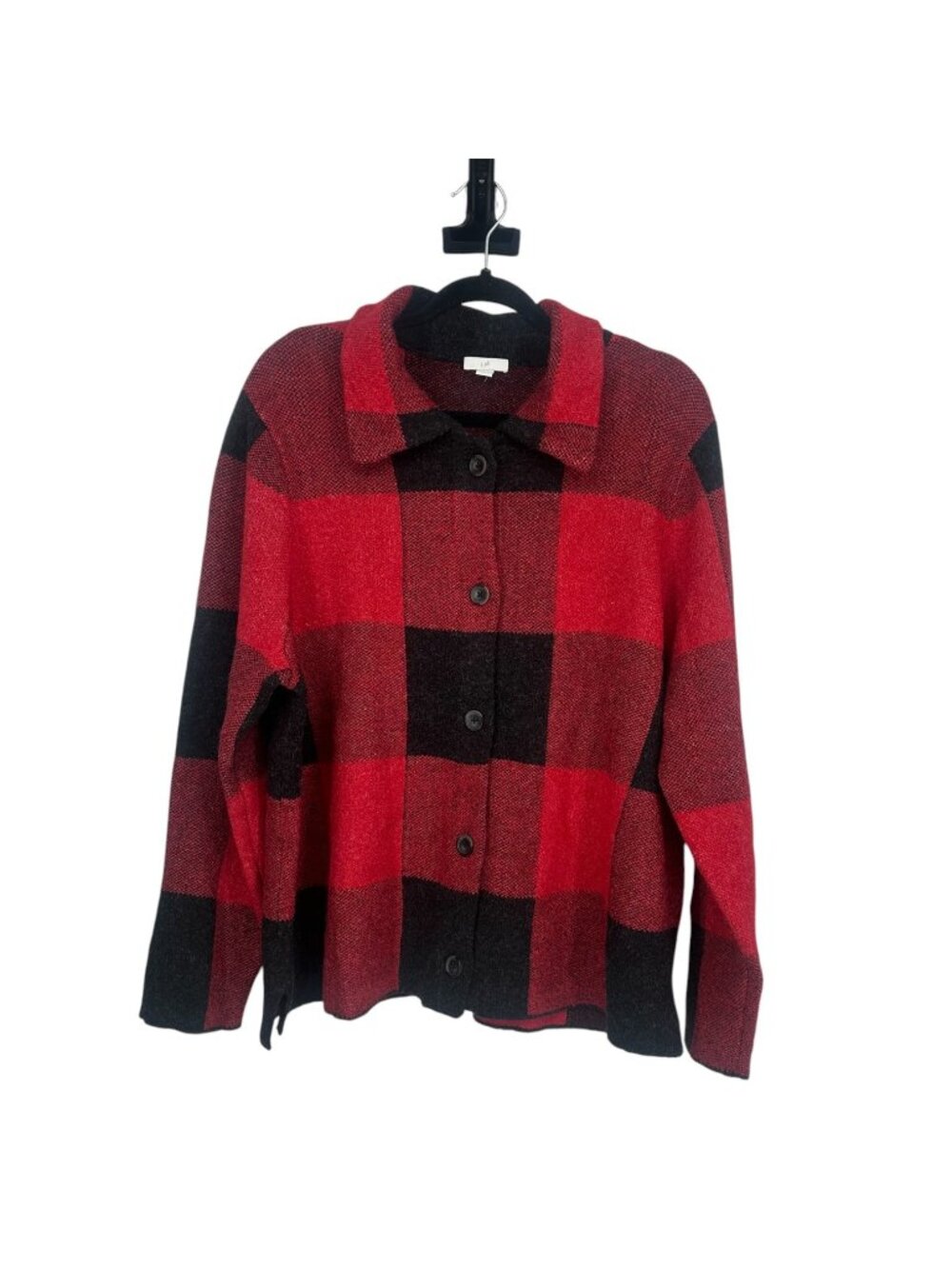 J Jill Sweater XL Red Black Buffalo Plaid Wool Blend Soft Knit Cardigan Shacket
